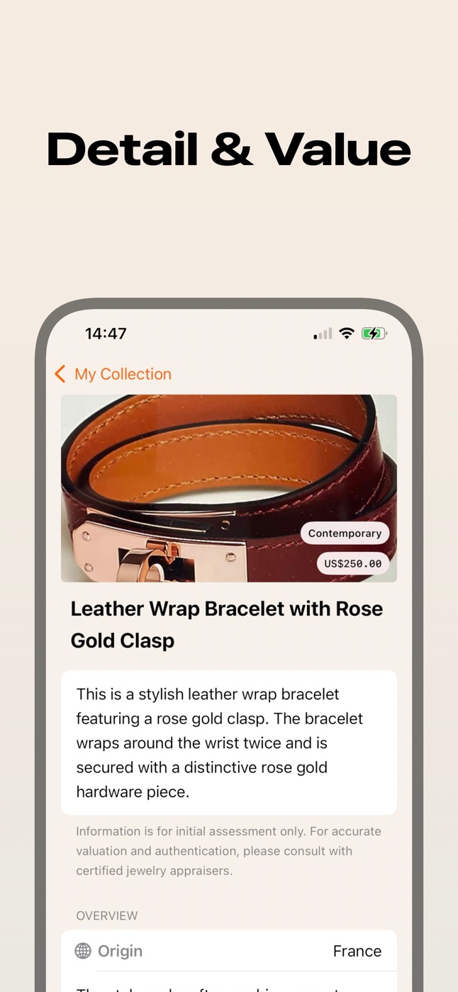 Details and estimated value of a leather wrap bracelet